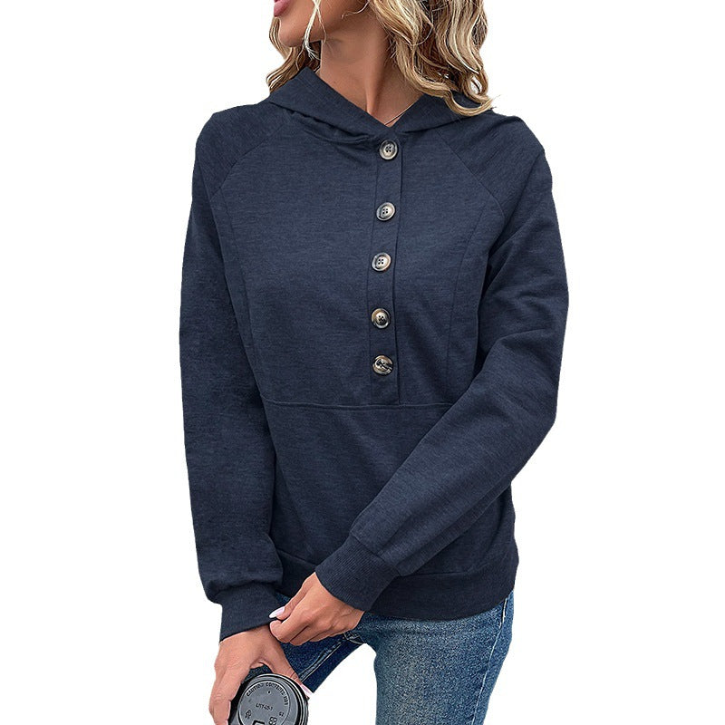 Damen Kapuzenpullover mit Zierknopfleiste, Raglanärmeln und Kängurutasche Nord Taschen