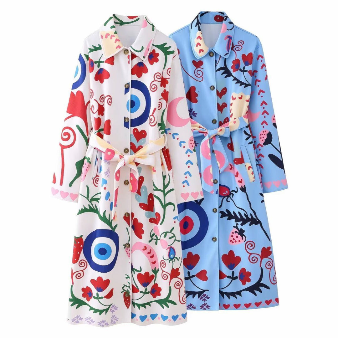 Damen Bedruckter Maxi‑Hemdmantel mit Taillengürtel Nord Taschen