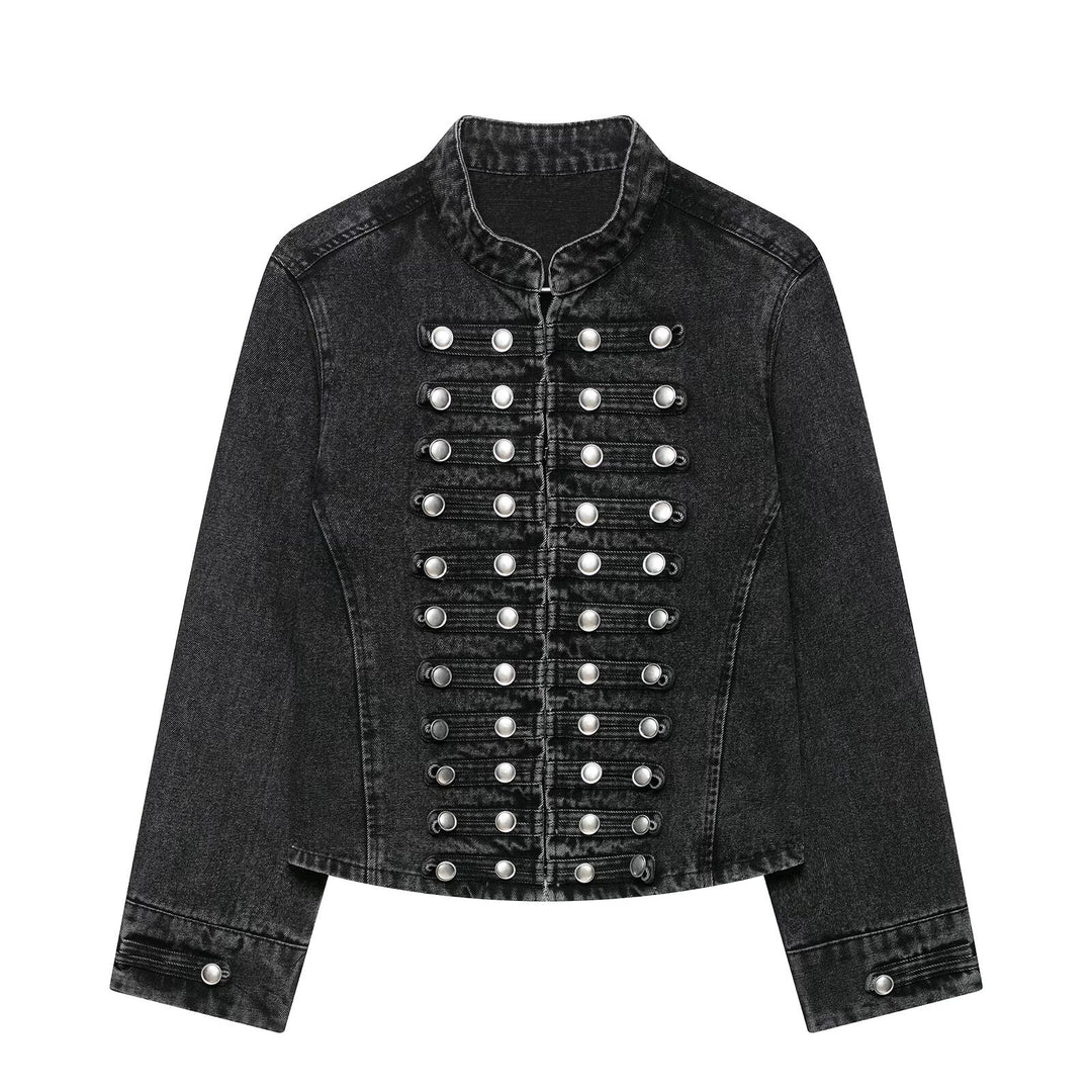 Damen Taillierte Denim‑Blazerjacke im militärisch inspirierten Marschallstil mit Zierknopfleiste Nord Taschen