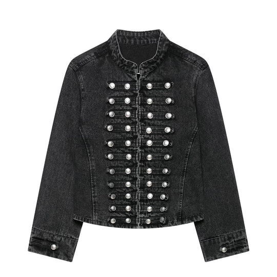 Damen Taillierte Denim‑Blazerjacke im militärisch inspirierten Marschallstil mit Zierknopfleiste Nord Taschen