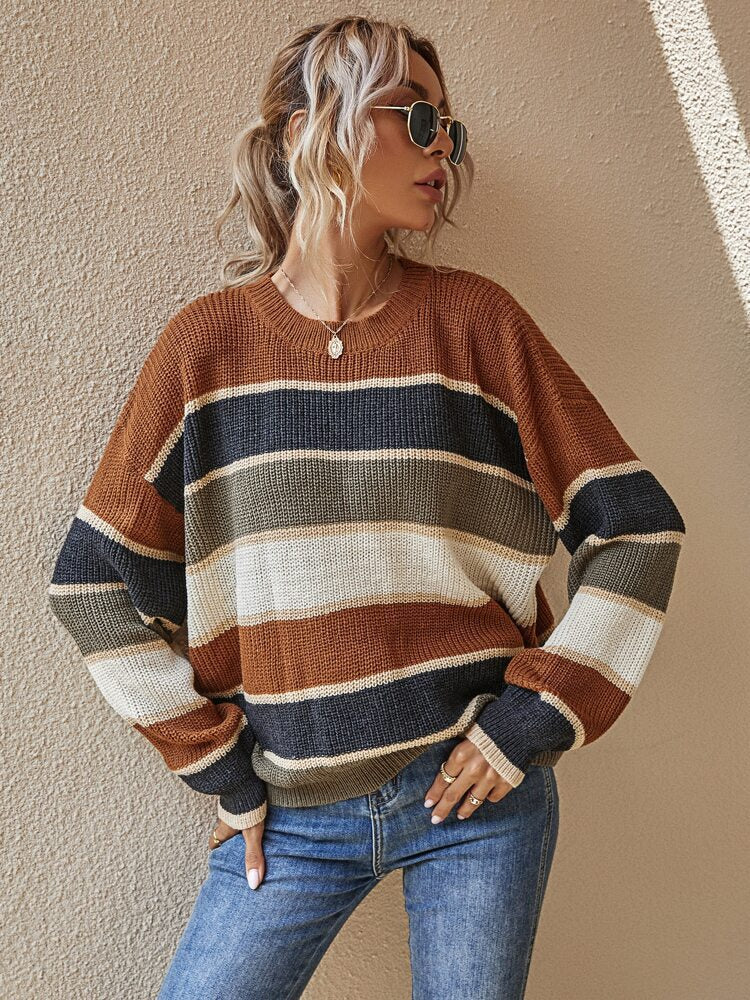 Damen Oversize-gestreifter Strickpullover mit Rundhalsausschnitt und lässigen Ballonärmeln Drune