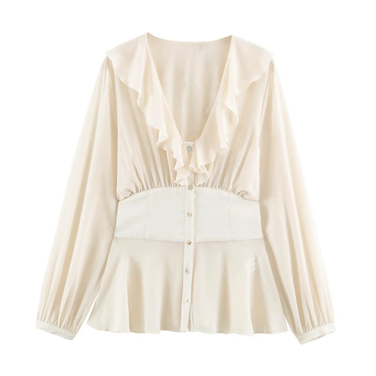 Damen Filigrane V‑Neck‑Bluse mit Volantkragen, taillierter Bundpasse und Ballonärmeln Nord Taschen