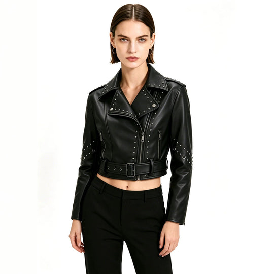 Damen Gekürzte Nieten-Bikerjacke mit Taillengürtel Nord Taschen