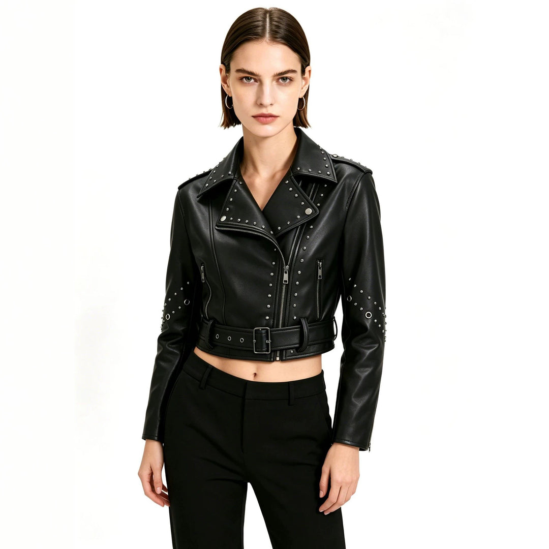 Damen Kurze Kunstleder-Bikerjacke mit Nietenbesatz und breitem Taillengürtel Nord Taschen