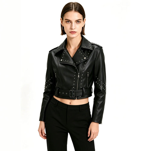 Damen Kurze Kunstleder-Bikerjacke mit Nietenbesatz und breitem Taillengürtel Nord Taschen