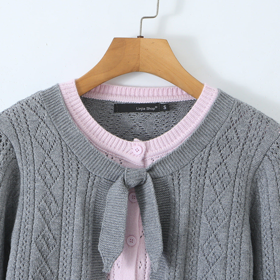 Damen Feinstrick-Zweiteiler Cardigan mit Schleifenkragen und Zierweste Nord Taschen