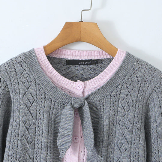 Damen Feinstrick-Zweiteiler Cardigan mit Schleifenkragen und Zierweste Nord Taschen