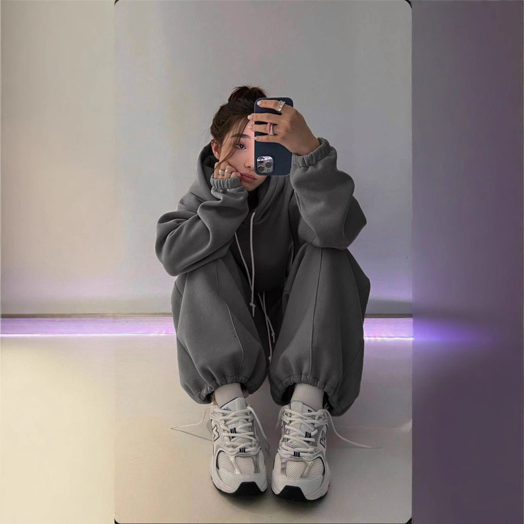 Damen Oversize-Hoodie und Jogginghose Set mit weichem Innenfutter, verstellbarer Kordel und hochgezogenem Bund Nord Taschen