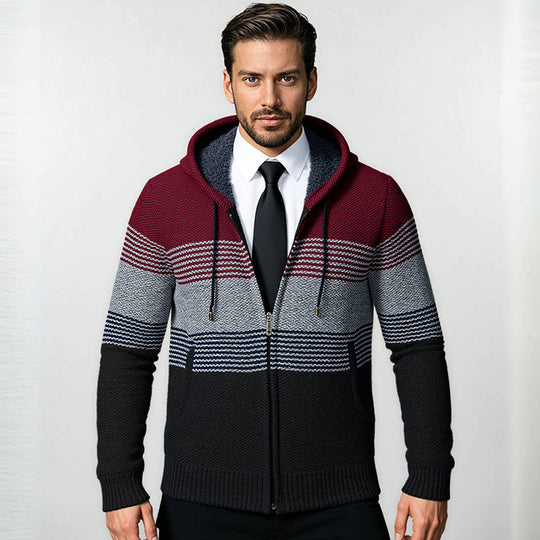 Herren Kapuzen-Strickzipjacke mit farbverlaufendem Blockstreifenmuster und thermischer Struktur Nord Taschen
