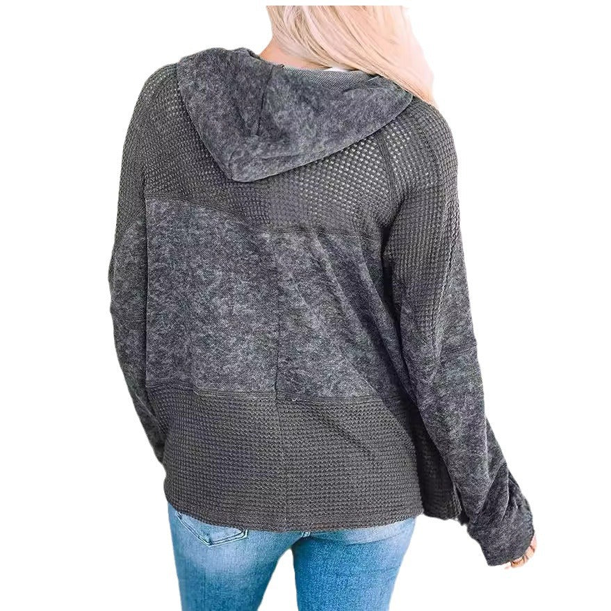 Damen Lässige Oversize-Kapuzenjacke mit Strukturstrick-Einsätzen und Reißverschluss Nord Taschen