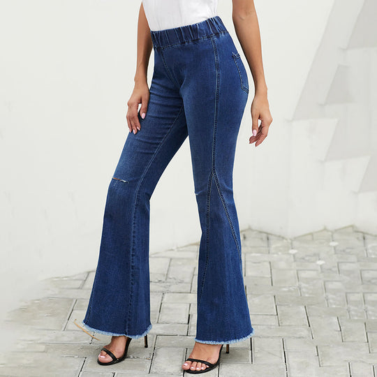Damen hochtaillierte ausgestellte Denim-Hose mit elastischem Tunnelzugbund, Ziernähten und rohem Saum Nord Taschen