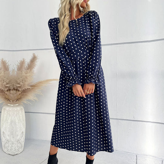 Damen Gepunktetes Midikleid mit geraffter Taille und Ballonärmeln Nord Taschen