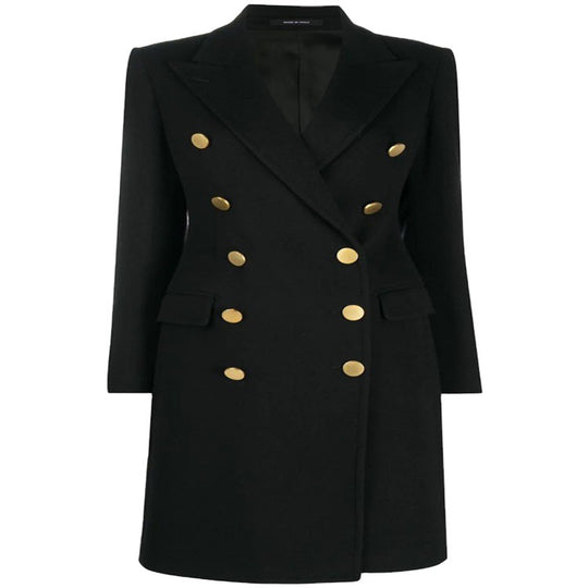Damen Militärisch-inspirierter Taillierter Longcoat im Tailoring mit dekorativen Metallknöpfen Nord Taschen