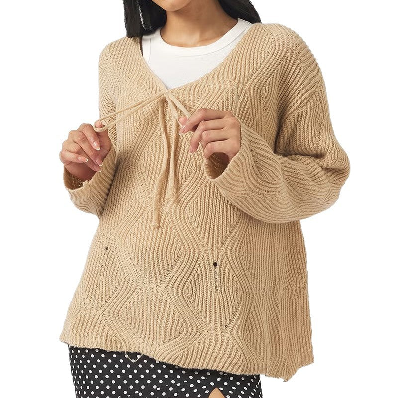 Damen Lässiger Strickpulli mit Bindeband Nord Taschen