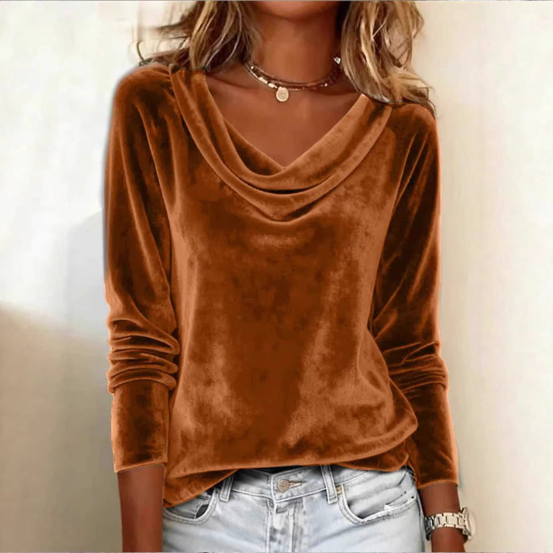 Damen Samt-Longsleeve mit Wasserfallkragen und legerem Schnitt Nord Taschen