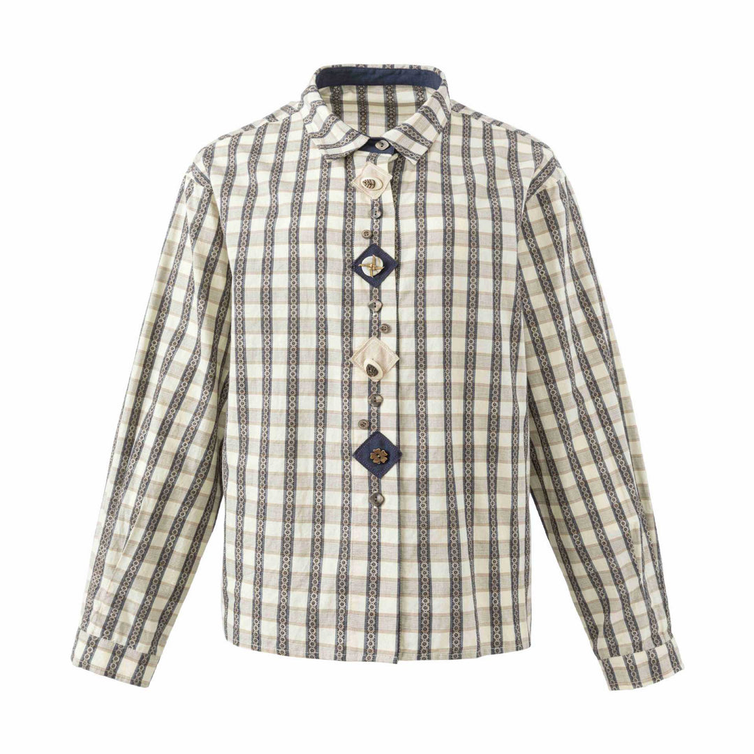Damen Locker geschnittene Bluse im Vintage‑Karo mit dekorativer Zierknopfleiste Nord Taschen