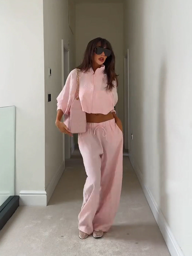 Damen Lässiges Satin-Trackset mit kurzem Reißverschluss-Top & weitem Tunnelzug-Hose Nord Taschen