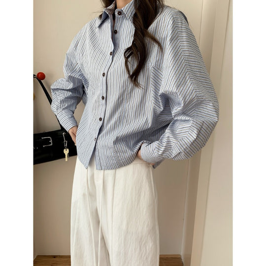 Damen Oversized Hemdbluse mit Streifenmuster und Ballonärmeln Nord Taschen
