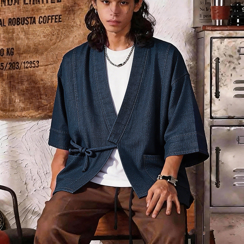 Unisex Jeans-Kimono-Jacke mit Bindegürtel und aufgesetzten Taschen Nord Taschen