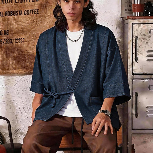 Unisex Jeans-Kimono-Jacke mit Bindegürtel und aufgesetzten Taschen Nord Taschen