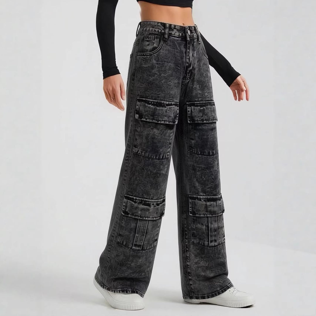 Damen High‑Waist Utility-Denimhose mit aufgesetzten Knie-Patches, Cargo‑Taschen und weitem Schlag Nord Taschen