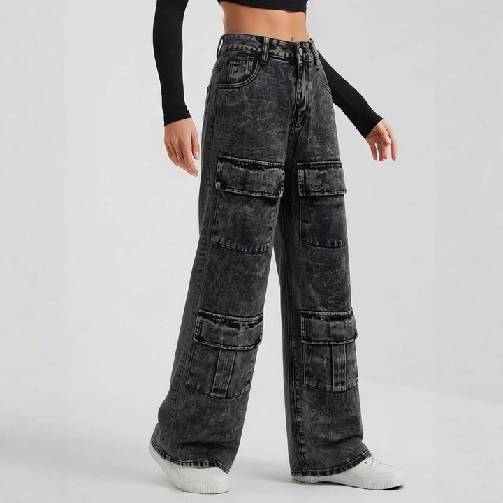 Damen High‑Waist Utility-Denimhose mit aufgesetzten Knie-Patches, Cargo‑Taschen und weitem Schlag Nord Taschen