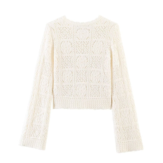 Damen Häkelstrick-Cardigan mit Rundhals, filigranem Lochmuster und Zierknöpfen Nord Taschen