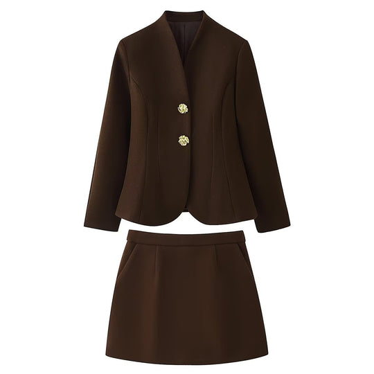 Damen Zweiteiliges tailliertes Blazer- und Minirock-Set mit goldener Schmuckknopfleiste Nord Taschen