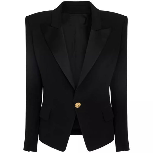 Damen Figurnaher Smokingblazer im Tailoring mit betonter Schulter und goldener Zierknopfleiste Nord Taschen