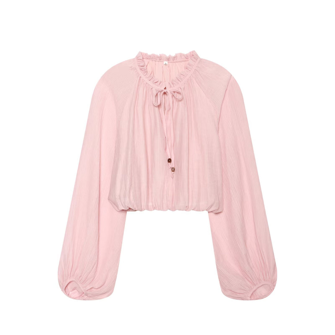 Damen Leichtes plissiertes Crop-Top mit Rüschenkragen und Kordelzug Nord Taschen