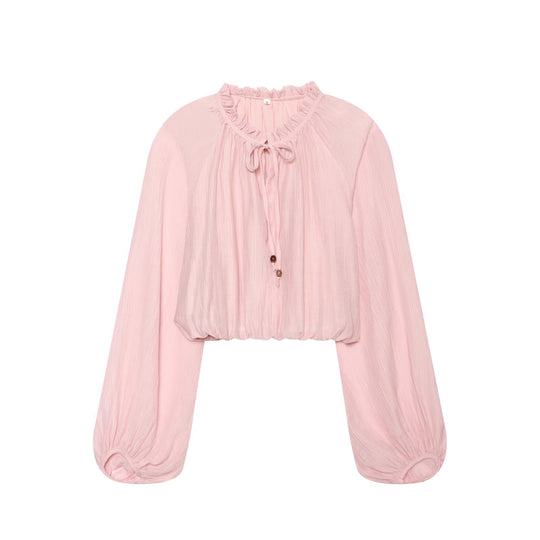 Damen Leichtes plissiertes Crop-Top mit Rüschenkragen und Kordelzug Nord Taschen