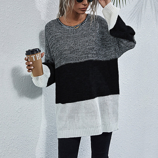 Damen Oversize Strickpullover mit Colorblock‑Einsätzen, Rundhals und Tunika‑Silhouette Nord Taschen