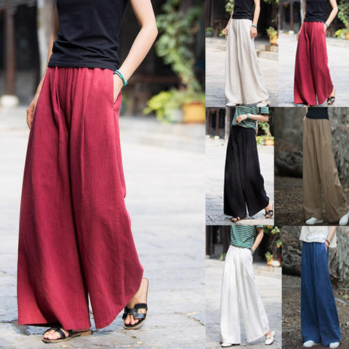 Damen weit geschnittene Leinenhose mit elastischem Bund und praktischen Taschen
