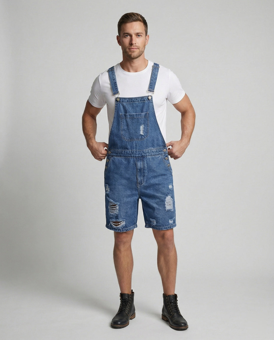 Herren Denim Latzshorts mit Ripped-Details