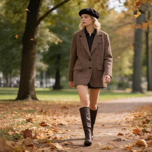 Damen Oversized Tweed-Blazer mit Fischgrätenstruktur, Pattentaschen und klassischem Revers Nord Taschen