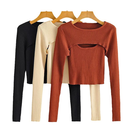 Damen Kurz geschnittenes Rippstrick-Top mit asymmetrischen Cut-Outs und Rundhalsausschnitt Nord Taschen