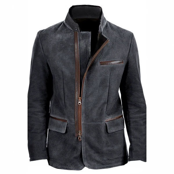 Herren Veloursleder-Fieldjacke im Fliegerstil mit Stehkragen, asymmetrischem beidseitig öffnendem Reißverschluss und kontrastierenden Lederbesätzen Nord Taschen