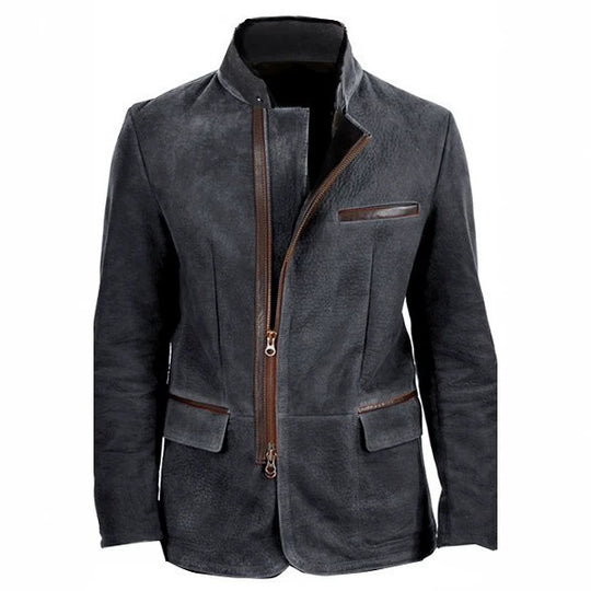 Herren Veloursleder-Fieldjacke im Fliegerstil mit Stehkragen, asymmetrischem beidseitig öffnendem Reißverschluss und kontrastierenden Lederbesätzen Nord Taschen