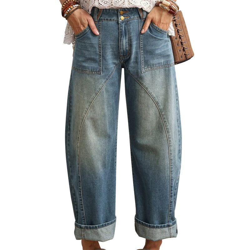 Damen Weite hochgeschnittene Jeans mit geschwungenen Nahtdetails und aufgesetzten Taschen Nord Taschen