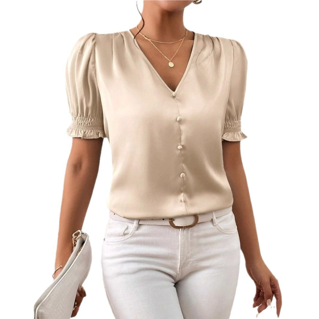 Damen Satinbluse mit Puffärmeln und eleganter Knopfleiste