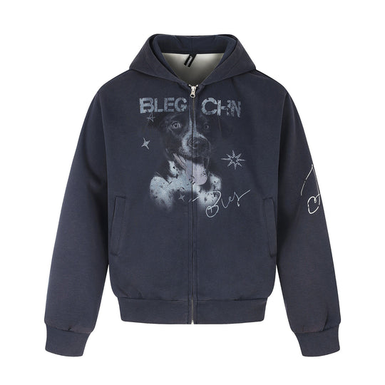 Unisex Kurz geschnittene Kapuzen‑Zipjacke mit grafischem Hundeprint und geripptem Saum Nord Taschen