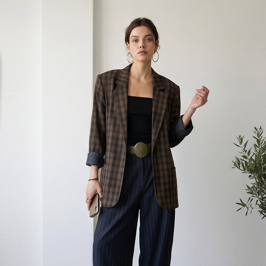 Damen Oversize-Karoblazer mit kastiger Silhouette und überschnittenen Schultern Nord Taschen