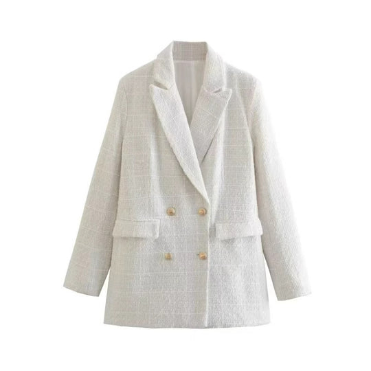 Damen Doppelreihiger Bouclé‑Tweed‑Blazer mit Schalkragen und Pattentaschen Nord Taschen