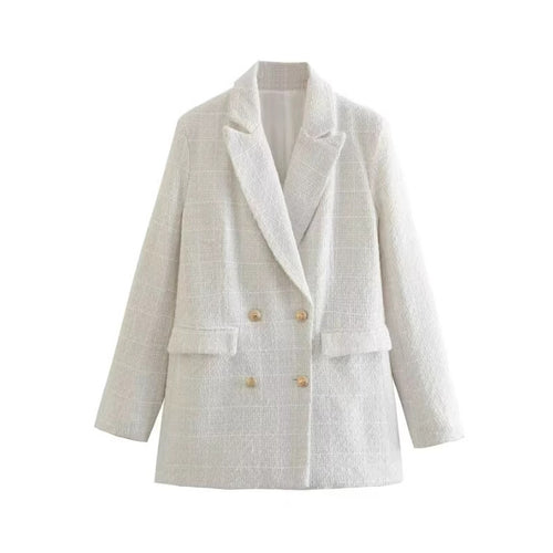 Damen Doppelreihiger Bouclé‑Tweed‑Blazer mit Schalkragen und Pattentaschen Nord Taschen