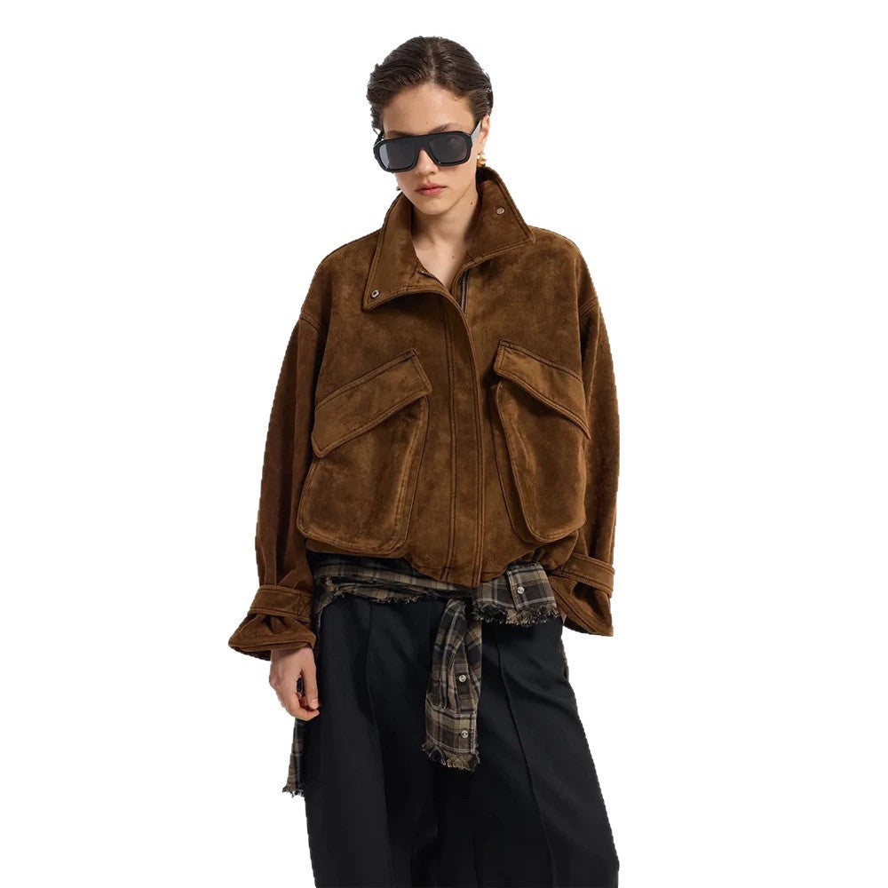 Damen Oversize Veloursleder-Blouson mit großen Pattentaschen und Stehkragen Nord Taschen