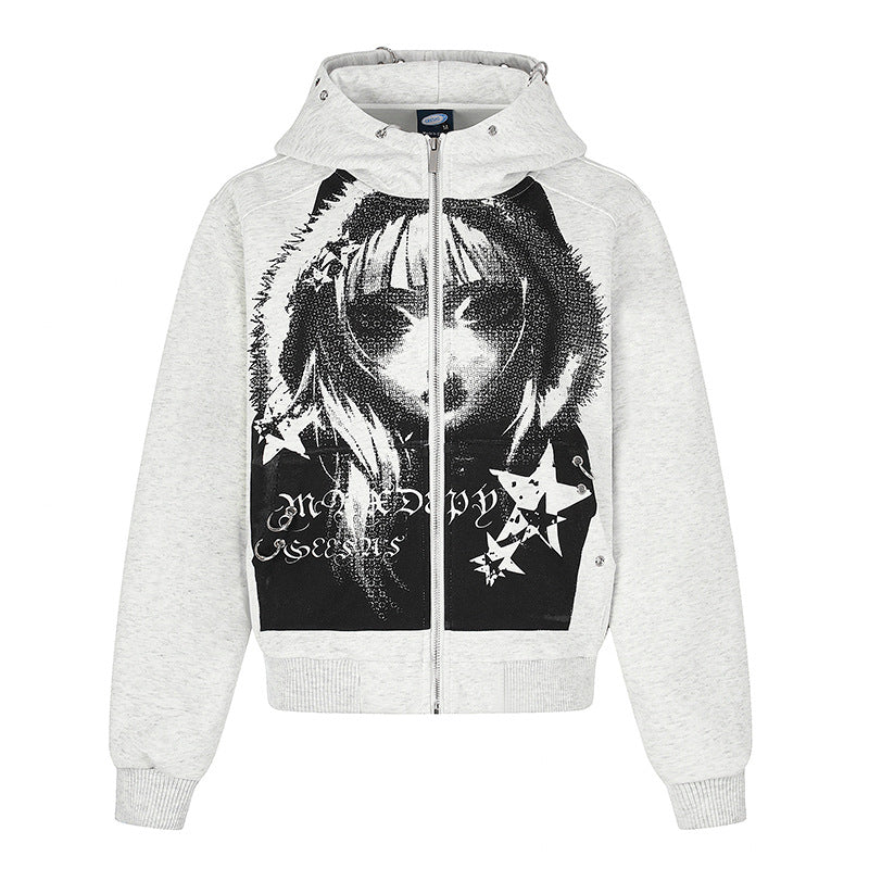 Damen Kapuzen‑Sweatjacke mit fotorealistischem Manga‑Frontprint, Fleece‑Futter und durchgehendem Reißverschluss Nord Taschen
