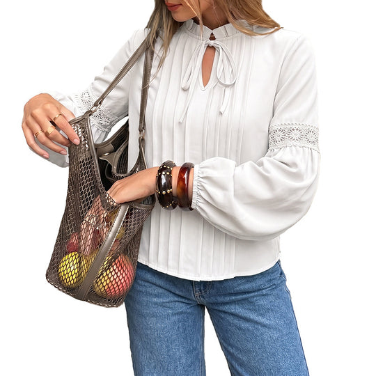Damen Plissierte Chiffonbluse mit Schleifenkragen und Spitzeneinsatz Nord Taschen