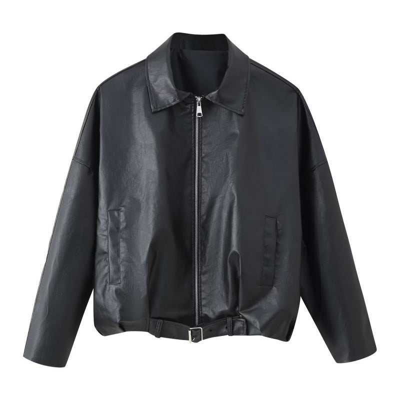 Unisex Oversize Kunstlederjacke mit Reißverschluss Hemdkragen und Taillengürtel Nord Taschen