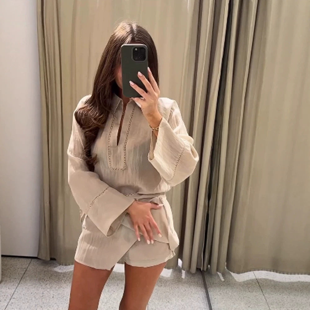Damen Leichtes Crinkle-Zweiteiler mit Oversized-Hemd und Wickel-Minirock Nord Taschen