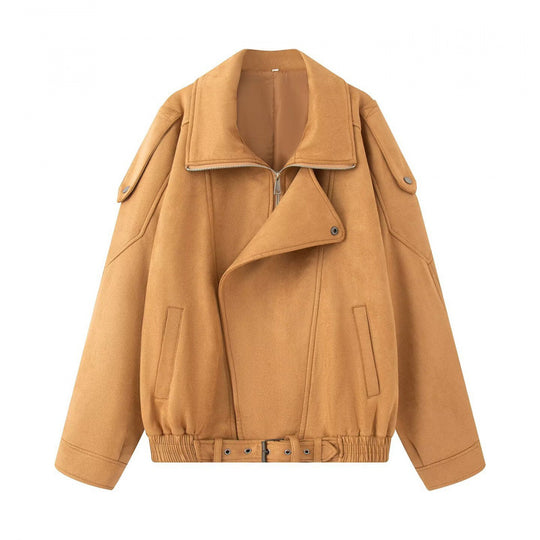 Damen Oversize Bomberjacke mit breitem Reverskragen, Taillengürtel und Schulterklappen Nord Taschen